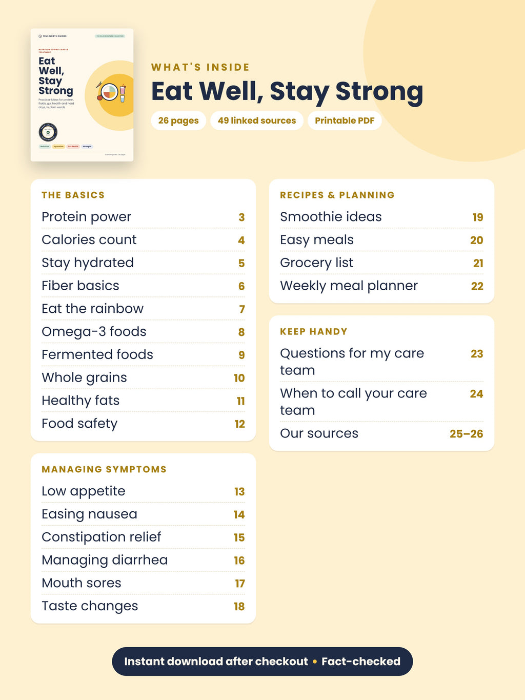 Table of contents for Eat Well, Stay Strong: nutrition basics, managing symptoms, recipes and planning, 26 pages