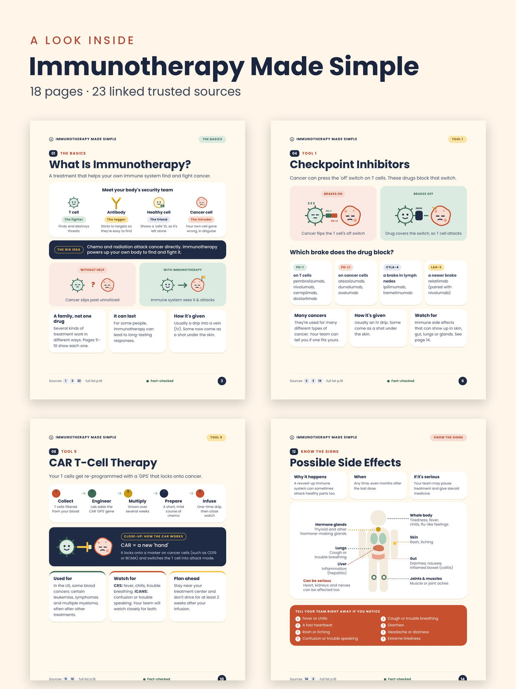 A look inside Immunotherapy Made Simple: what immunotherapy is, checkpoint inhibitors, CAR T-cell therapy and possible side effects