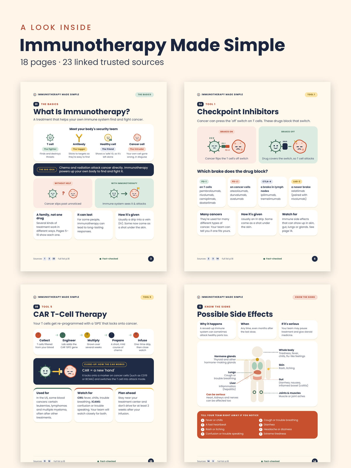 A look inside Immunotherapy Made Simple: what immunotherapy is, checkpoint inhibitors, CAR T-cell therapy and possible side effects